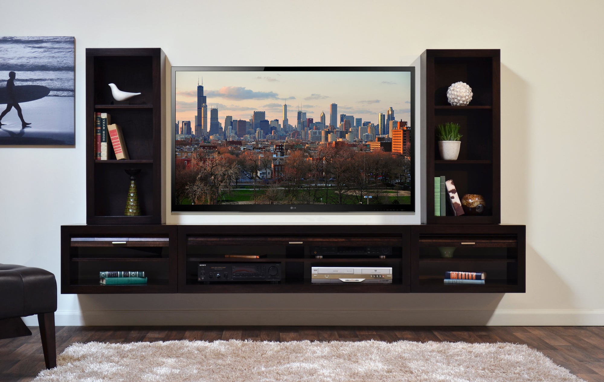 Floating TV Stand Entertainment Center With Bookcases - ECO GEO - Espresso