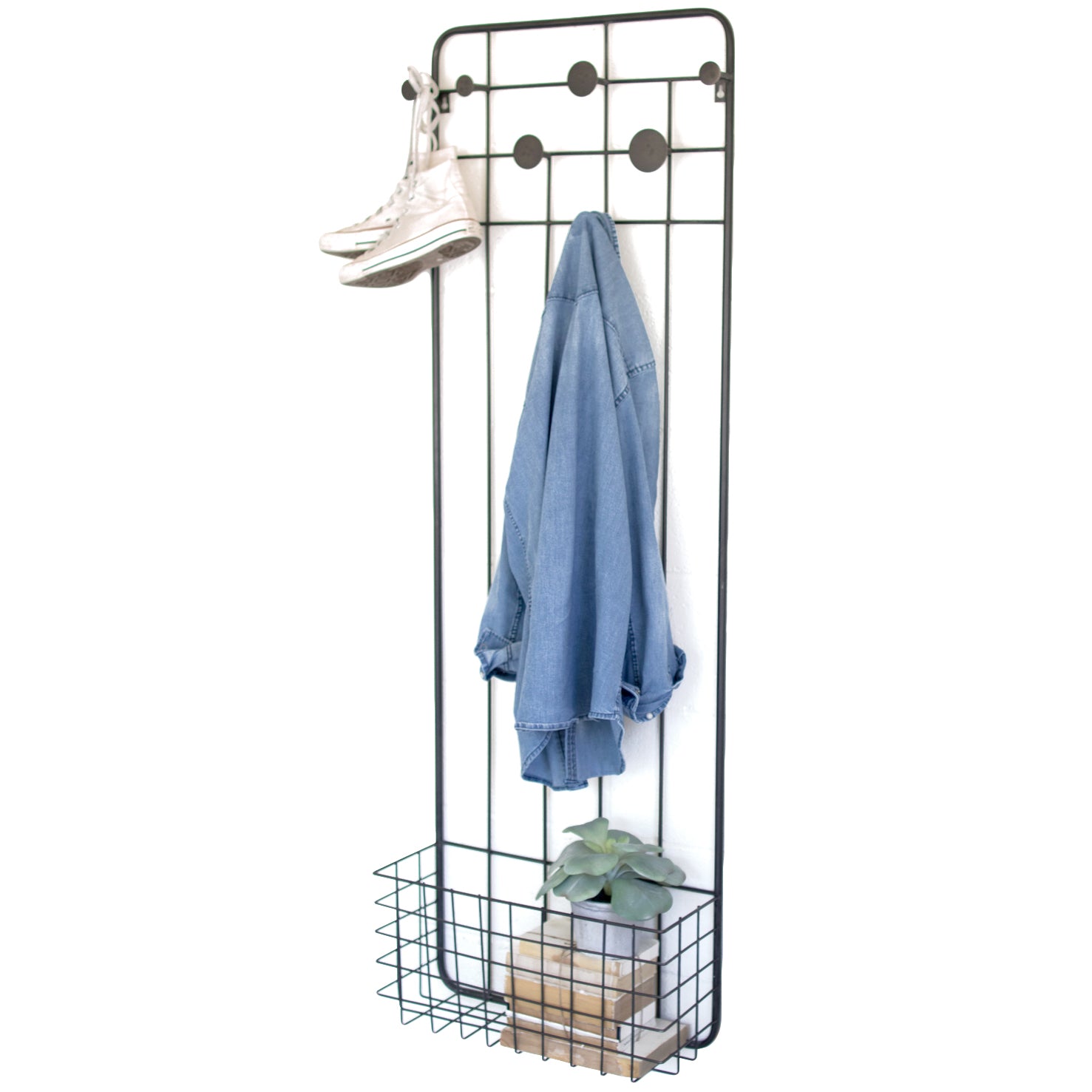 Wall Mount Floating Metal Basket With Coat Hooks Clothing Organizer