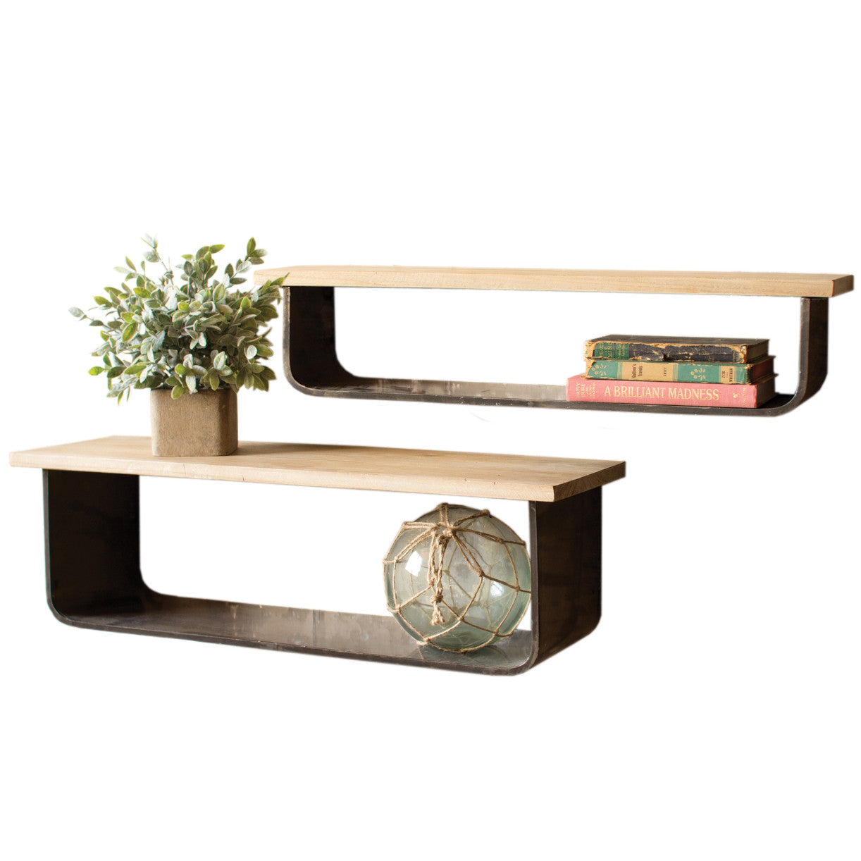 Set of Two Industrial Modern Metal and Wood Wall Shelves