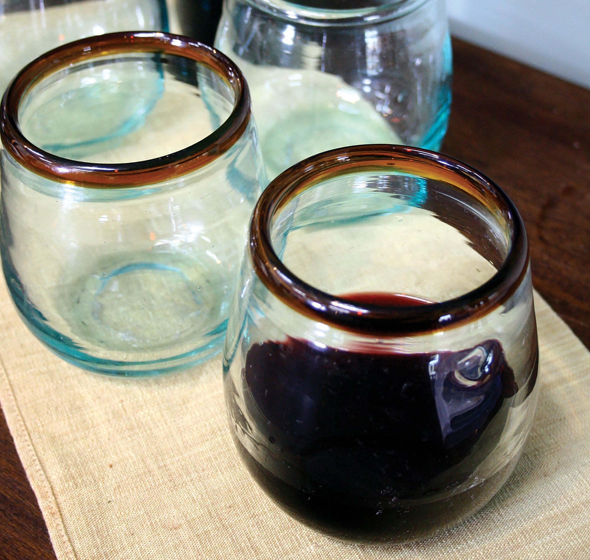 Blown Glass Stemless Wine Glasses With Amber Rim - Set of 6
