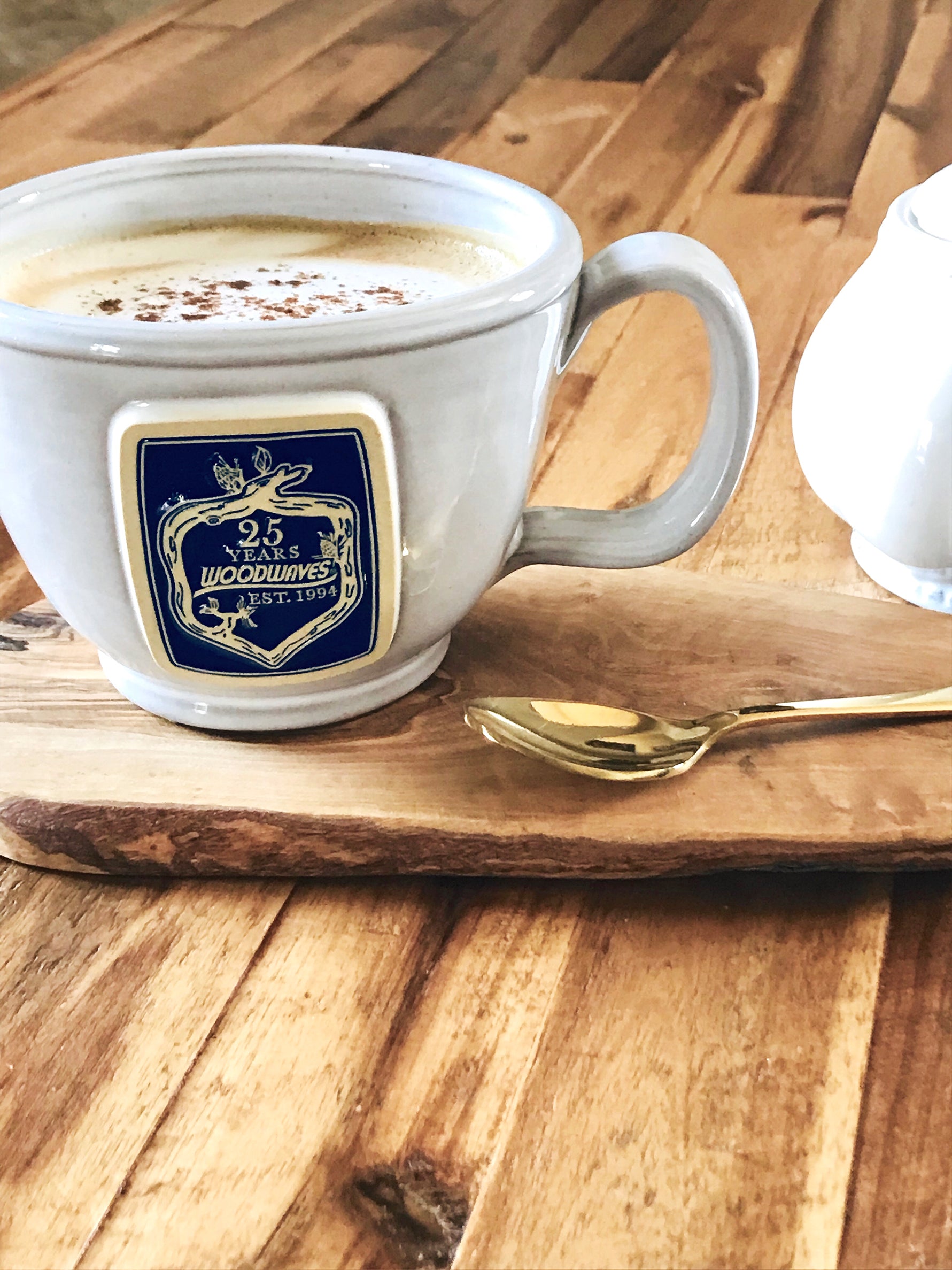 Woodwaves Handmade Pottery Stoneware Coffee Latte Tea Mug White and Navy Blue