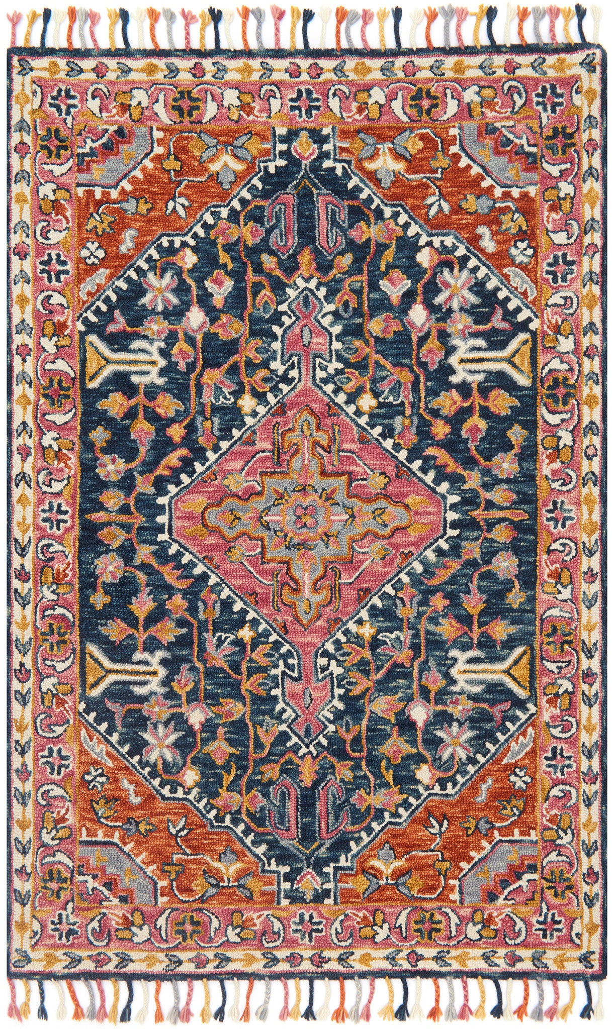 Wool Boho Bohemian Tassel Rug Pink Orange Blue